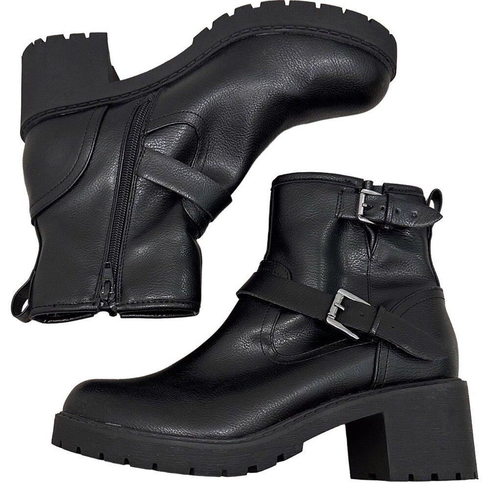 Kohl’s SO Bellaa Block Heel Faux Leather Moto Boots in Black Women's Size 9.5